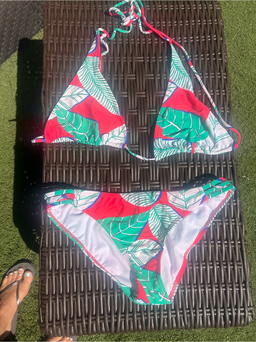 Tropical Leaf Print Triangle Bikini - Red & Green